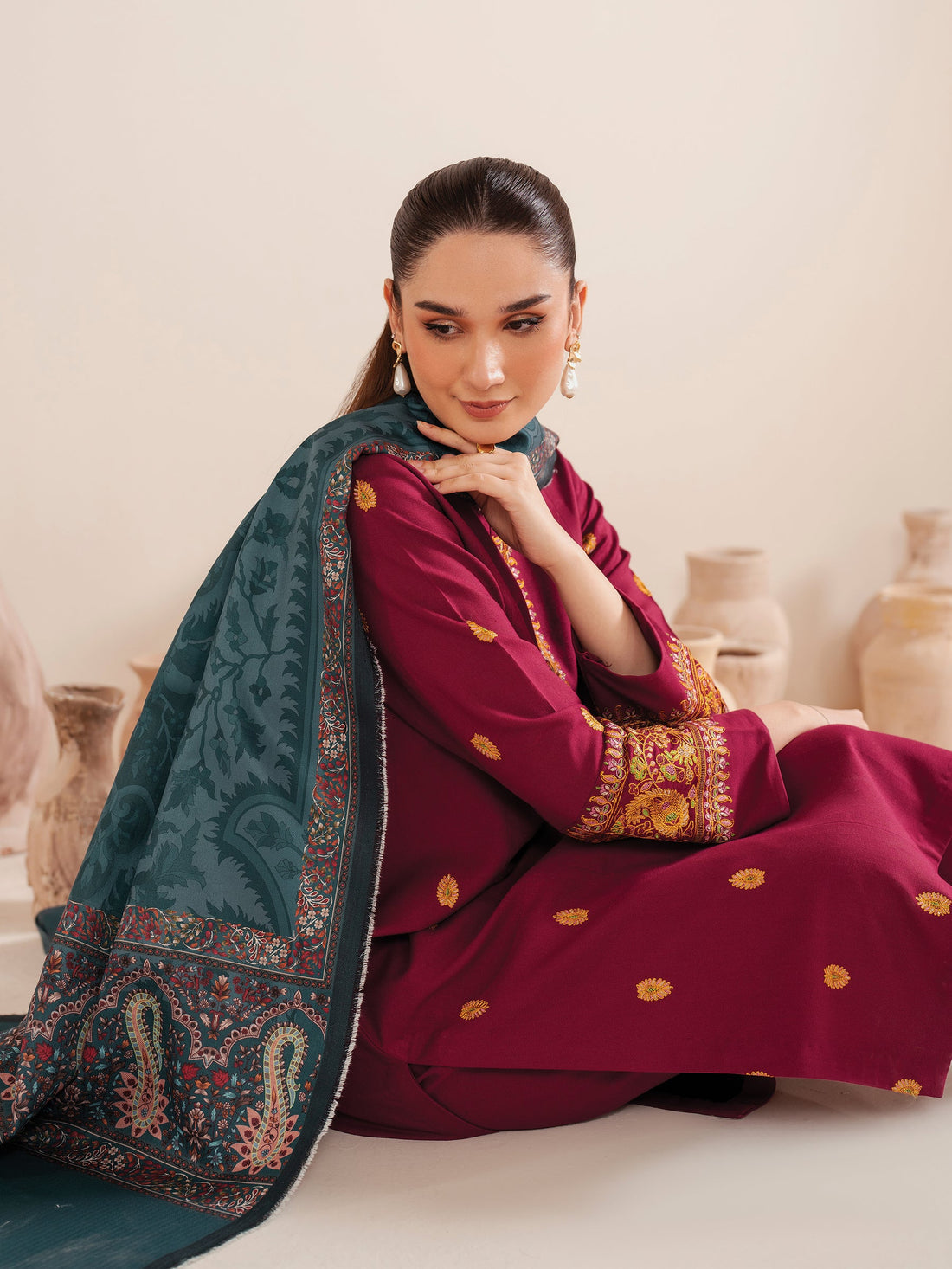 GARNET-3PC LAWN EMBROIDERED SHIRT WITH MONARK PRINT DUPATTA AND TROUSER-KUN-3535