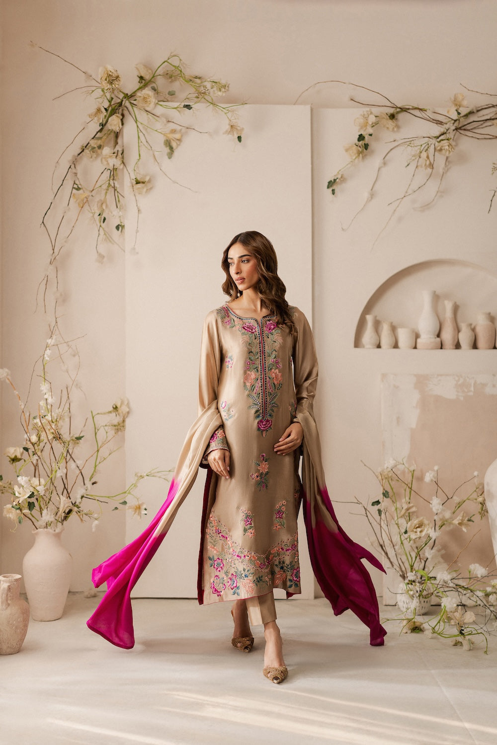 VINTAGE-3PC LAWN EMBROIDERED SHIRT WITH DYE & DYE CHIFFON DUPATTA AND TROUSER-KUN-3637