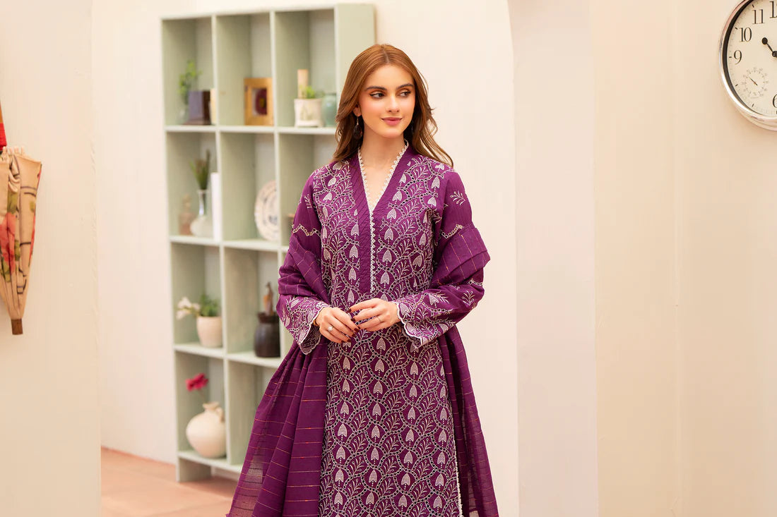 MIRAKHI-3PC LAWN CHIKENKARI EMBROIDERED SHIRT WITH LAWN TUBE SLUB DUPATTA-KUN-PLUM