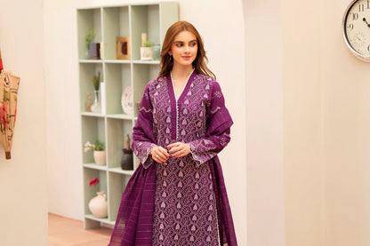 MIRAKHI-3PC LAWN CHIKENKARI EMBROIDERED SHIRT WITH LAWN TUBE SLUB DUPATTA-KUN-PLUM