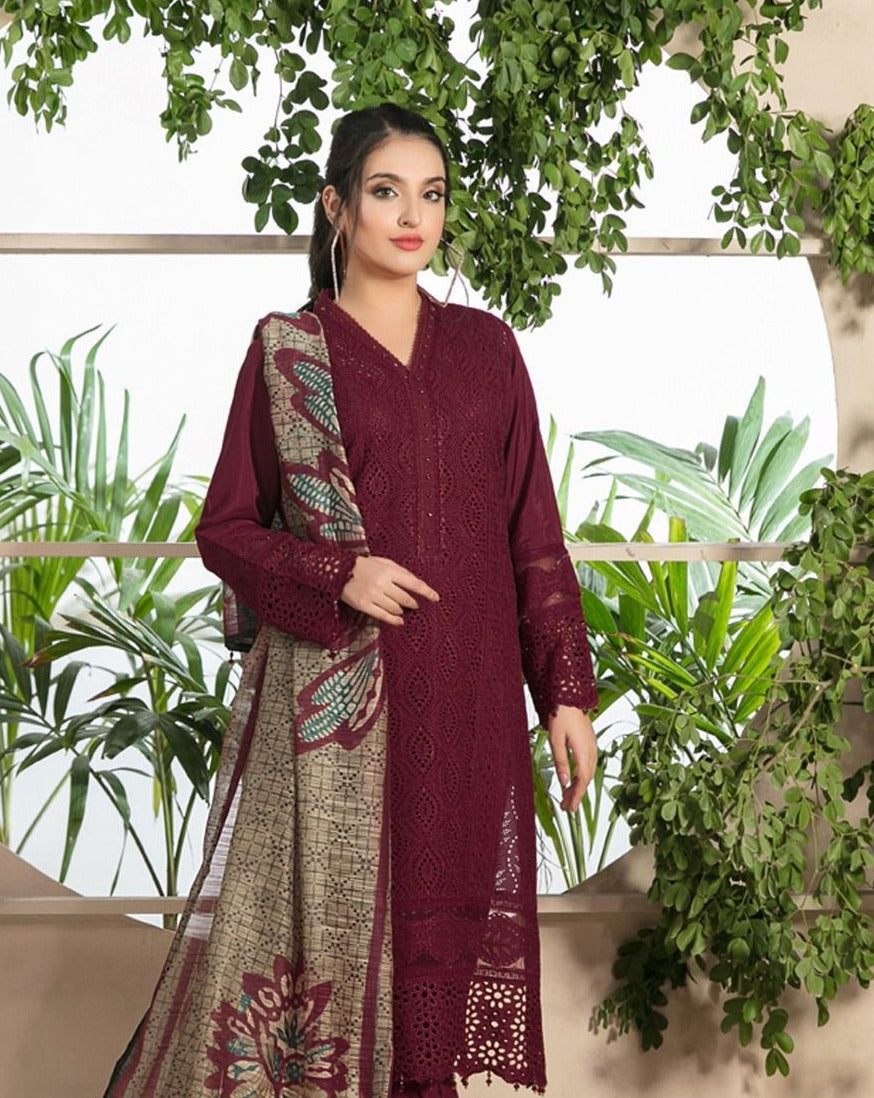 ZAINAB CHOTANI-3PC CHIKENKARI LAWN EMBROIDERED SHIRT WITH MONARK PRINT DUPATTA & TROUSER-KUN-4152 MEHROON