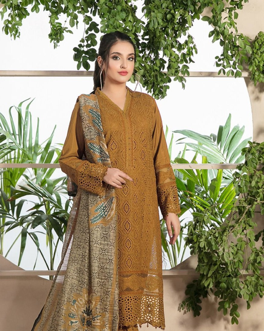 ZAINAB CHOTANI-3PC CHIKENKARI LAWN EMBROIDERED SHIRT WITH MONARK PRINT DUPATTA & TROUSER-KUN-4152 MUSTERD