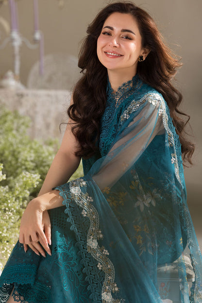 SOBIA NAZIR-3PC LAWN LASERCUT EMBROIDERED SHIRT WITH COTTON NET EMBROIDERED PRINT DUPATTA AND TROUSER KUN-3699