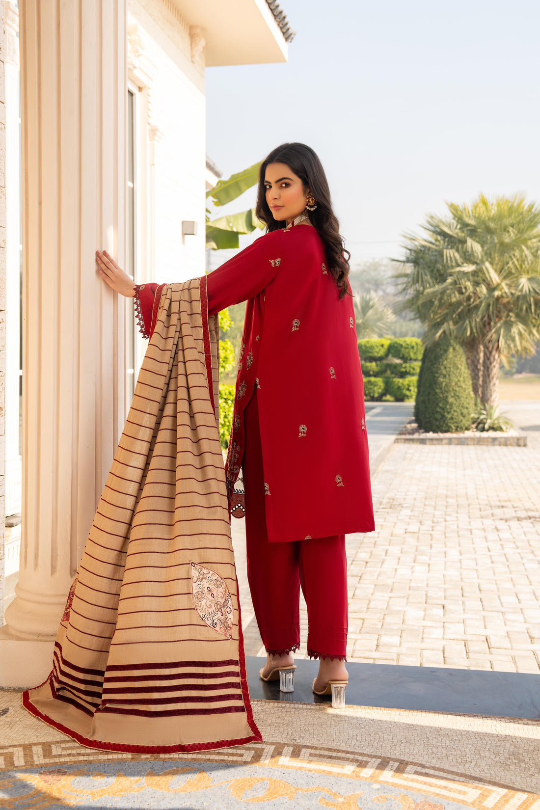 Kun-3PC DHANAK CUTWORK EMBROIDERED SHIRT WITH HEAVY CUTWORK EMBROIDERED JACQUARD WOOL SHAWL -Kun-1524