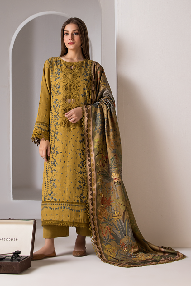 SOBIA NAZIR- 3PC DHANAK EMBROIDERED SHIRT WITH WOOL PRINT SHAWL AND TROUSER-KUN-1001