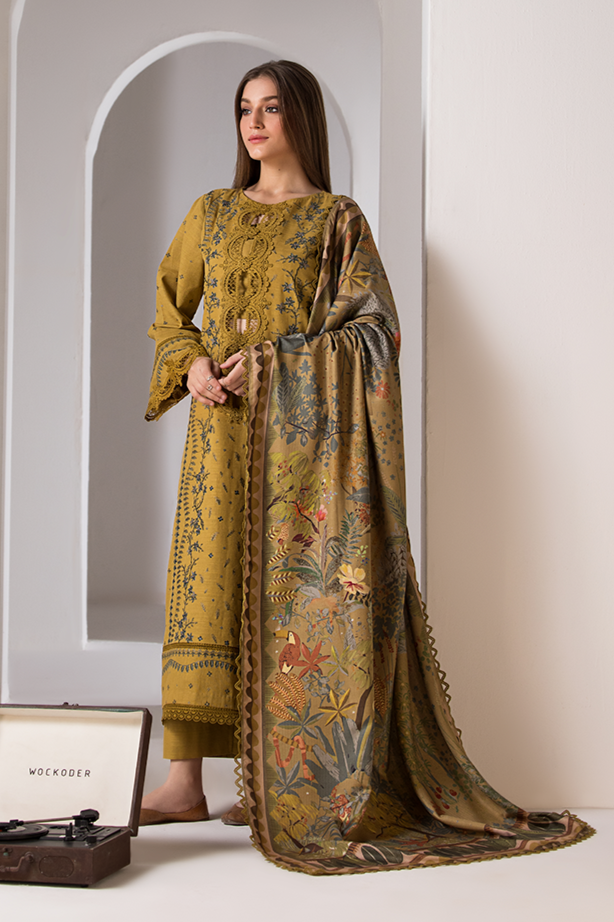 SOBIA NAZIR- 3PC DHANAK EMBROIDERED SHIRT WITH WOOL PRINT SHAWL AND TROUSER-KUN-1001