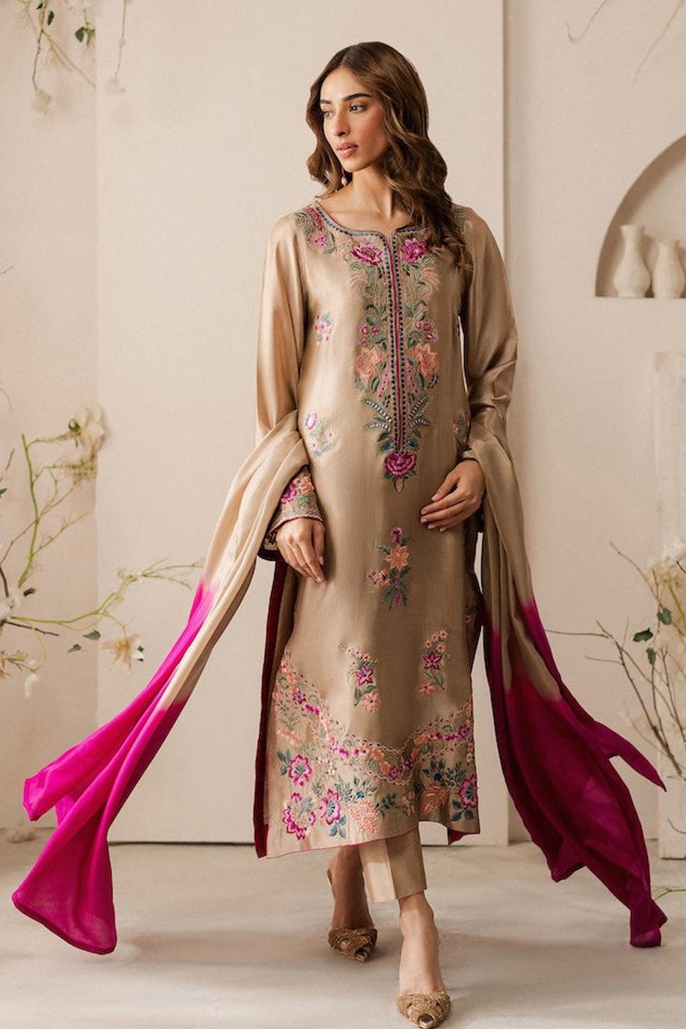 VINTAGE-3PC LAWN EMBROIDERED SHIRT WITH DYE & DYE CHIFFON DUPATTA AND TROUSER-KUN-3637