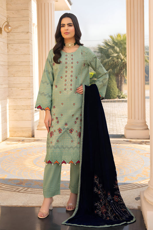 Kun-3PC KHADDAR EMBROIDERED SHIRT WITH VELVET EMBROIDERED READY TO WEAR SHAWL-Kun-1525