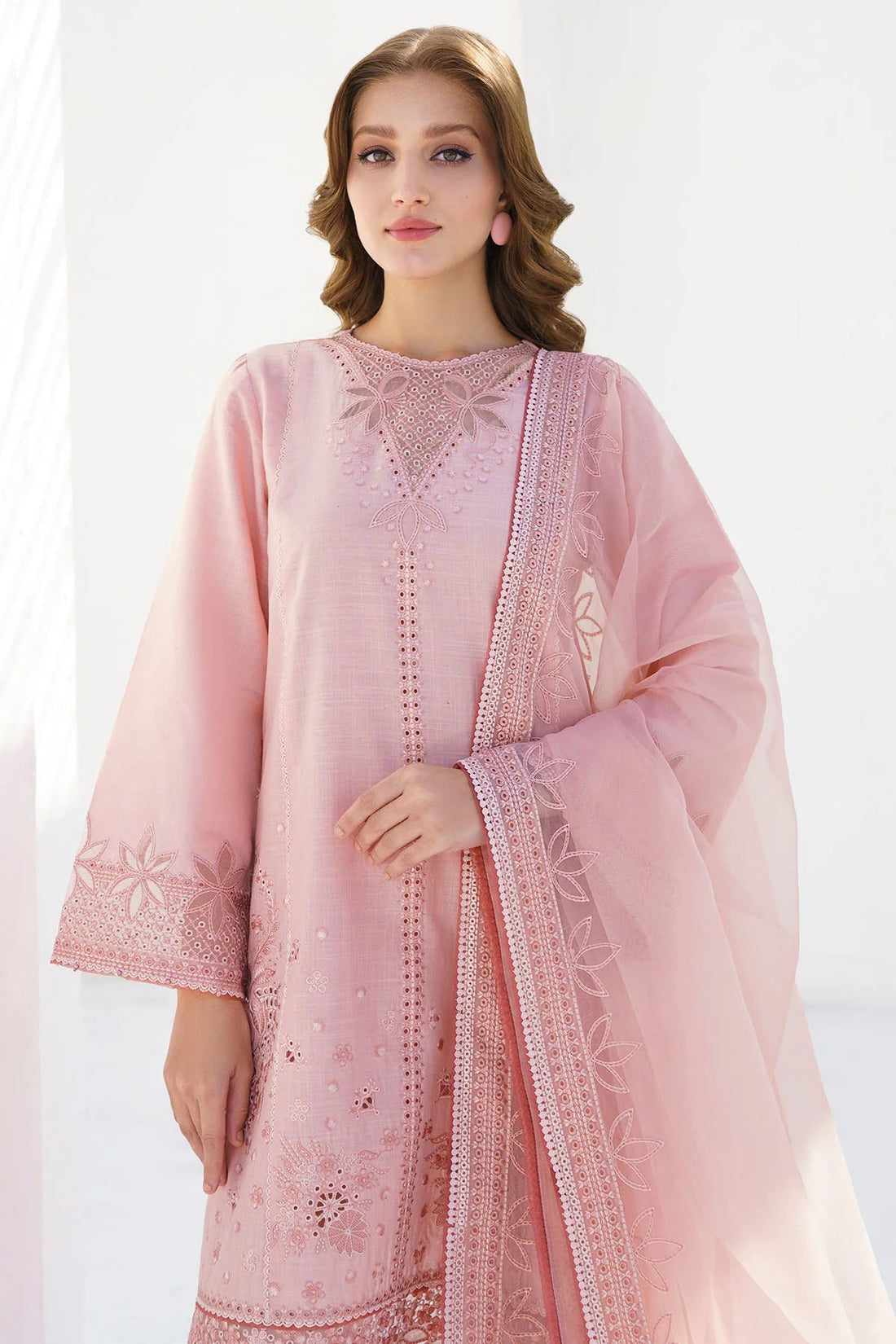 JAZMIN- 3PC LAWN HEAVY EMBROIDERED SHIRT WITH ORGANZA EMBROIDERY DUPATTA-KUN-2756-PEACH