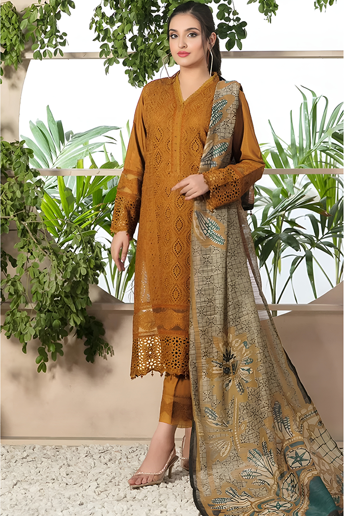 ZAINAB CHOTANI-3PC CHIKENKARI LAWN EMBROIDERED SHIRT WITH MONARK PRINT DUPATTA & TROUSER-KUN-4152 MUSTERD