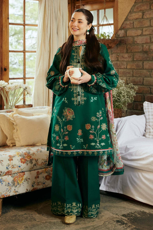 ZARA SHAHJAHAN-3PC LAWN EMBROIDERED SHIRT WITH MONARK PRINT DUPATTA & EMBROIDERED TROUSER-KUN-3545