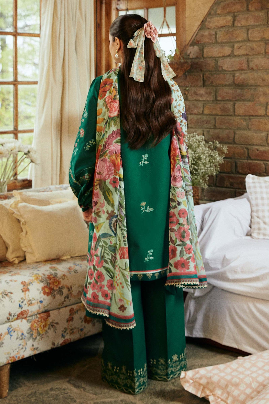 ZARA SHAHJAHAN-3PC LAWN EMBROIDERED SHIRT WITH MONARK PRINT DUPATTA & EMBROIDERED TROUSER-KUN-3545