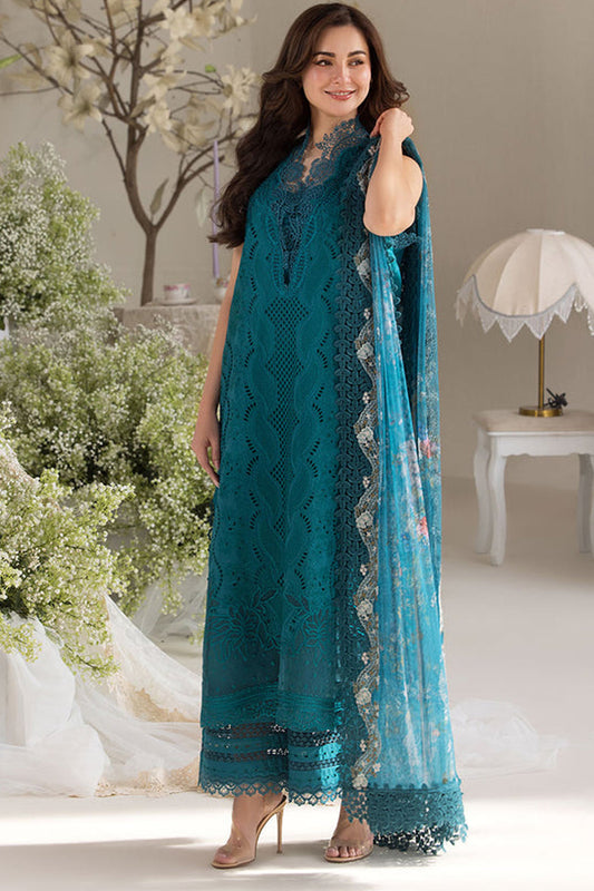 SOBIA NAZIR-3PC LAWN LASERCUT EMBROIDERED SHIRT WITH COTTON NET EMBROIDERED PRINT DUPATTA AND TROUSER KUN-3699