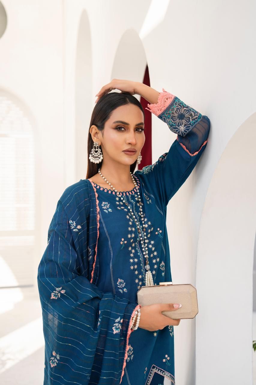 KUN-3PC LAWN EMBROIDERED SHIRT WITH LAWN EMBROIDERED READY TO WEAR DUPATTA-BIC-65