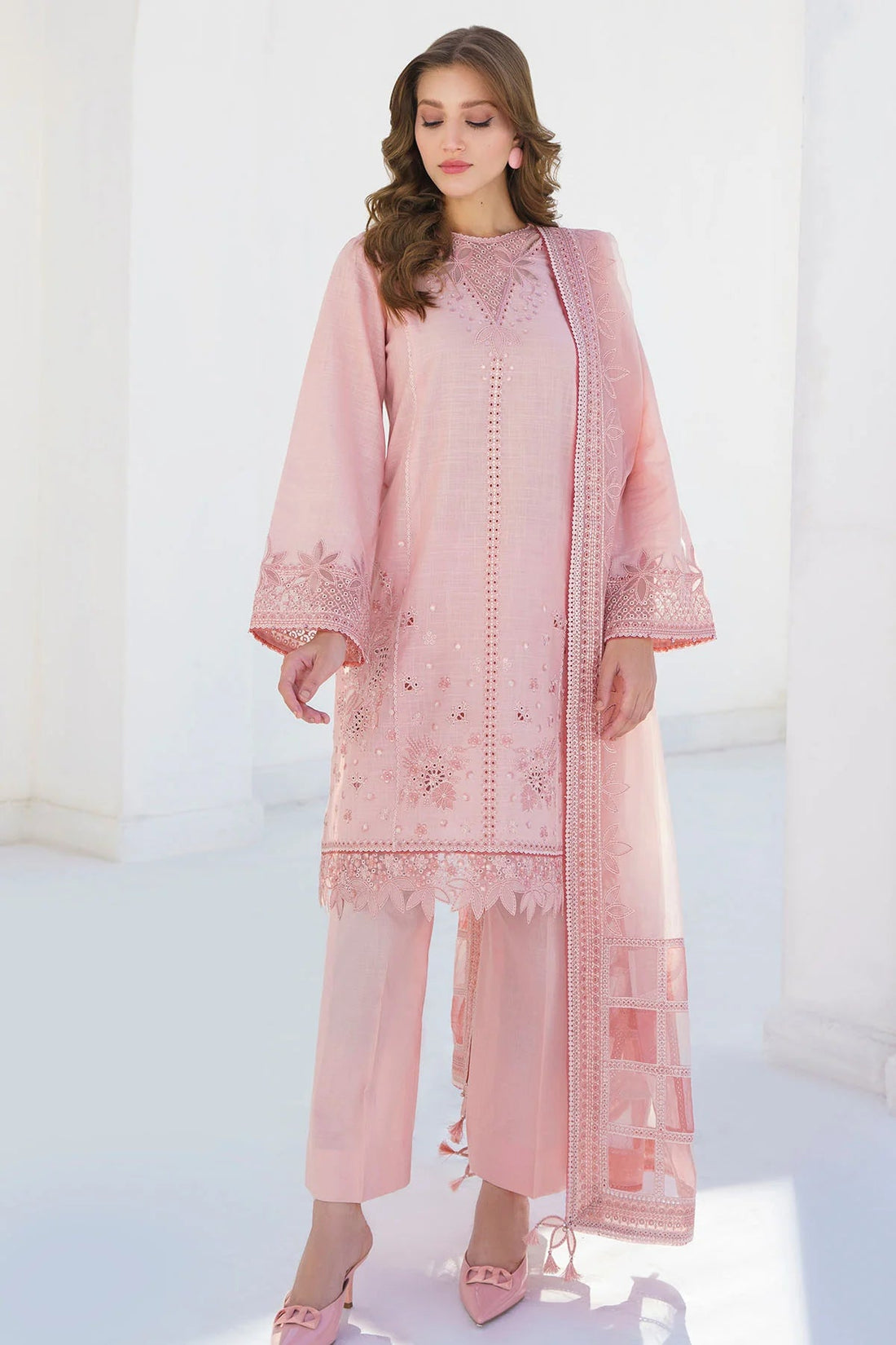 JAZMIN- 3PC LAWN HEAVY EMBROIDERED SHIRT WITH ORGANZA EMBROIDERY DUPATTA-KUN-2756-PEACH