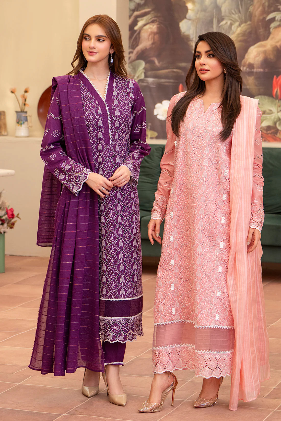 MIRAKHI-3PC LAWN CHIKENKARI EMBROIDERED SHIRT WITH LAWN TUBE SLUB DUPATTA-KUN-PINK
