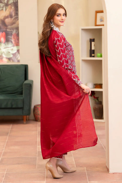 MIRAKHI-3PC LAWN CHIKENKARI EMBROIDERED SHIRT WITH LAWN TUBE SLUB DUPATTA-KUN-RED
