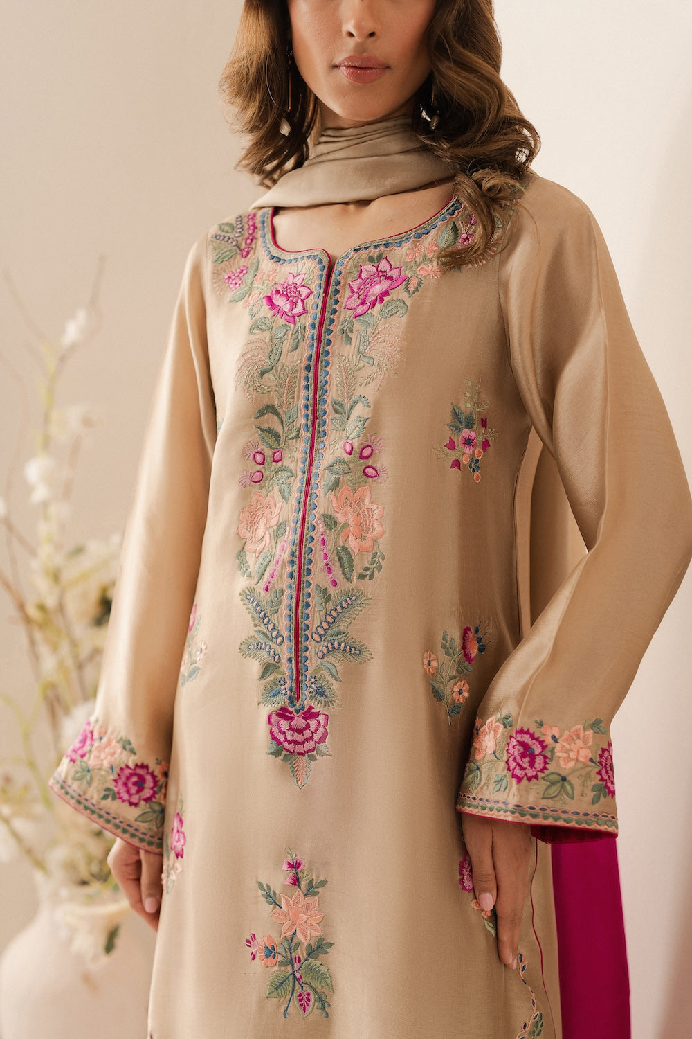 VINTAGE-3PC LAWN EMBROIDERED SHIRT WITH DYE & DYE CHIFFON DUPATTA AND TROUSER-KUN-3637