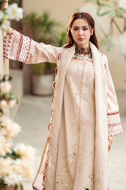 QALAMQAR-3PC CHIKANKAARI LAWN CUTWORK EMBROIDERED SHIRT WITH MANAAR EMBROIDERED CUTWORK DUPATTA AND TROUSER-KUN-3654