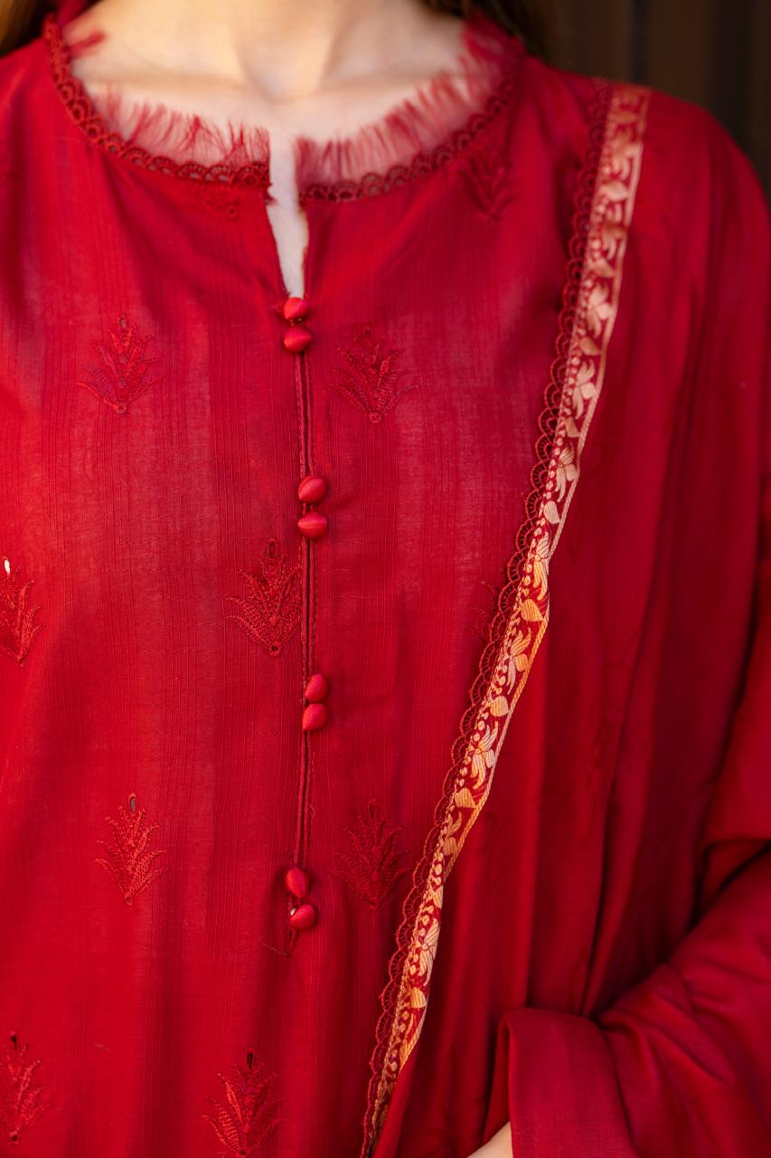 MIRAKHI-3PC LAWN CHIKENKARI EMBROIDERED SHIRT WITH LAWN JAQUARD PRINT DUPATTA -KUN-2002-R