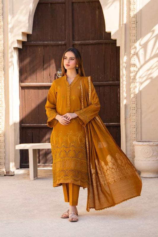 MIRAKHI-3PC LAWN CHIKENKARI EMBROIDERED SHIRT WITH LAWN JAQUARD PRINT DUPATTA -KUN-2001-M