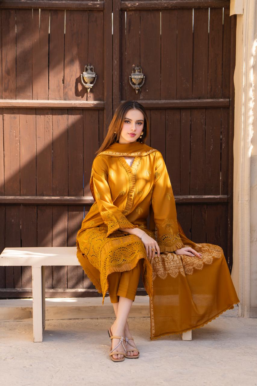 MIRAKHI-3PC LAWN CHIKENKARI EMBROIDERED SHIRT WITH LAWN JAQUARD PRINT DUPATTA -KUN-2001-M