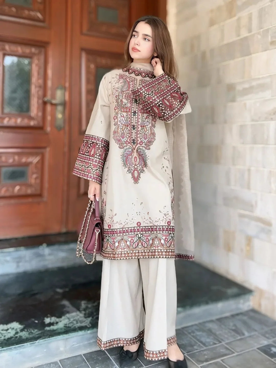 MARIA B-3PC DHANAK EMBROIDERED SUIT- KUN-2353