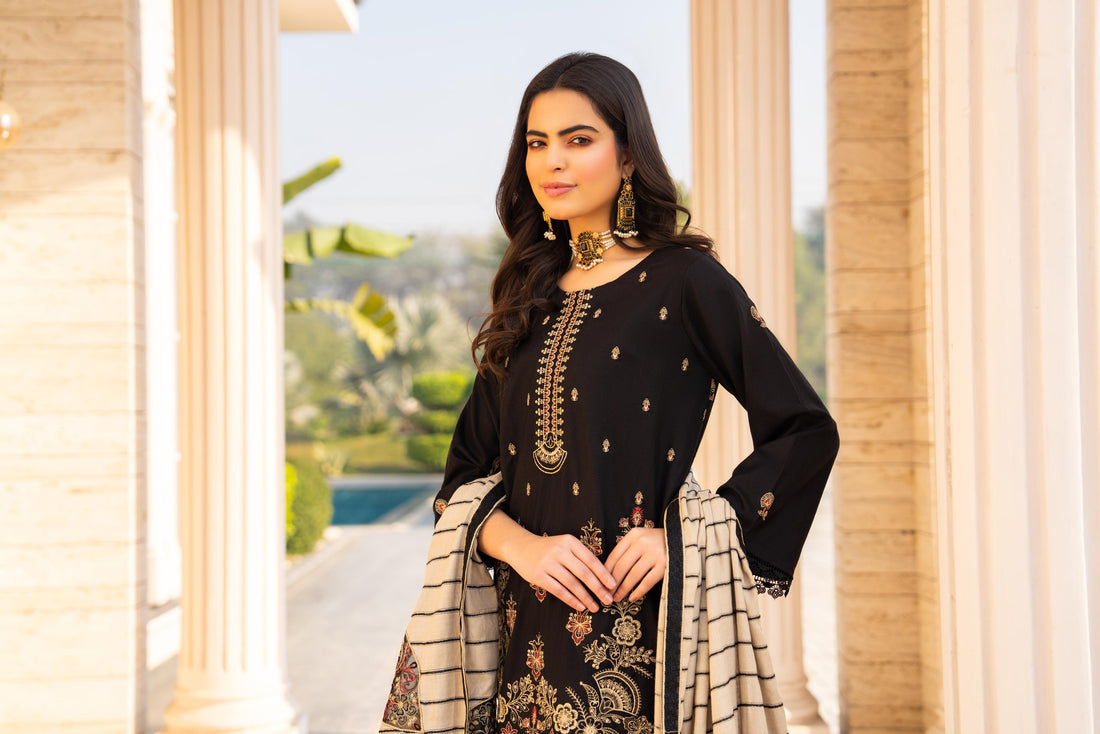 Kun-3PC DHANAK EMBROIDERED SHIRT WITH HEAVY CUTWORK EMBROIDERED JACQUARD WOOL SHAWL -Kun-1521