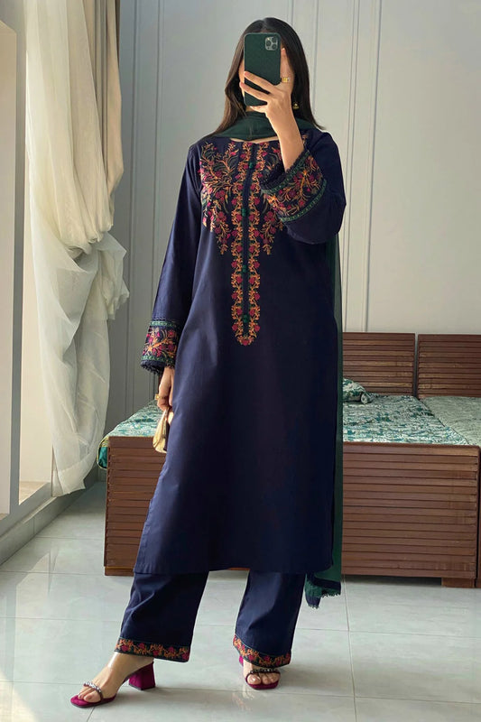 KUNFASHION-3PC DHANAK EMBROIDERED SUIT-KUN-4076
