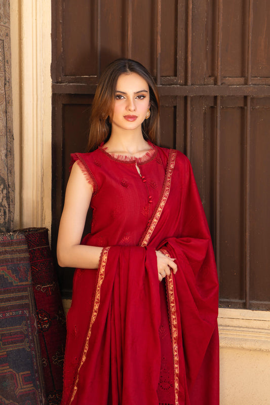 MIRAKHI-3PC LAWN CHIKENKARI EMBROIDERED SHIRT WITH LAWN JAQUARD PRINT DUPATTA -KUN-2002-R