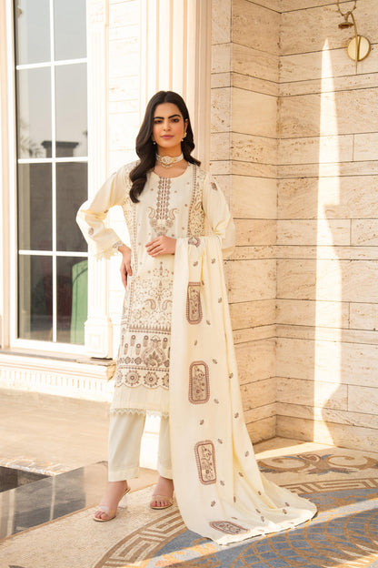 Kun-3PC DHANAK EMBROIDERED SHIRT WITH DHANAK HEAVY CUTWORK EMBROIDERED SHAWL -Kun-1523