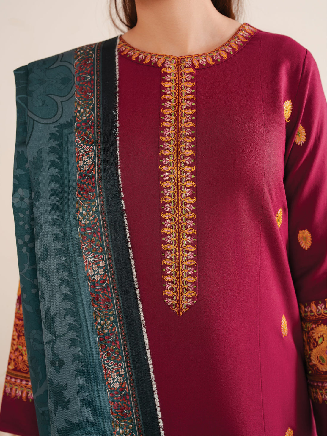 GARNET-3PC LAWN EMBROIDERED SHIRT WITH MONARK PRINT DUPATTA AND TROUSER-KUN-3535