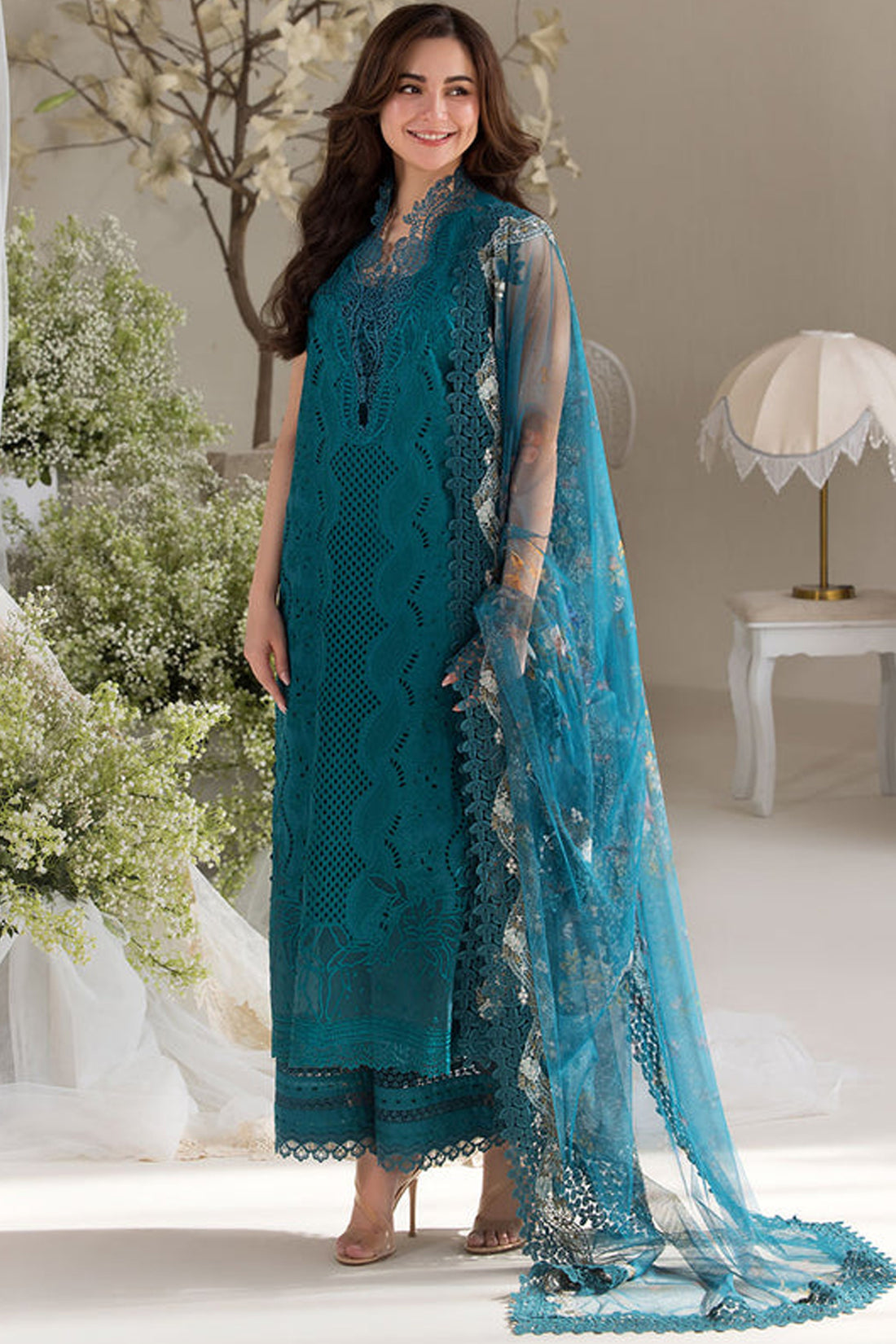 SOBIA NAZIR-3PC LAWN LASERCUT EMBROIDERED SHIRT WITH COTTON NET EMBROIDERED PRINT DUPATTA AND TROUSER KUN-3699