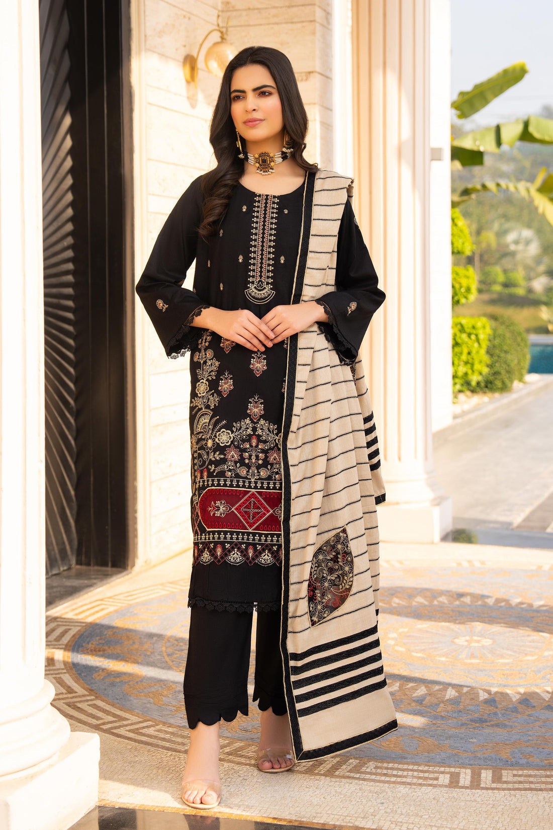 Kun-3PC DHANAK EMBROIDERED SHIRT WITH HEAVY CUTWORK EMBROIDERED JACQUARD WOOL SHAWL -Kun-1521