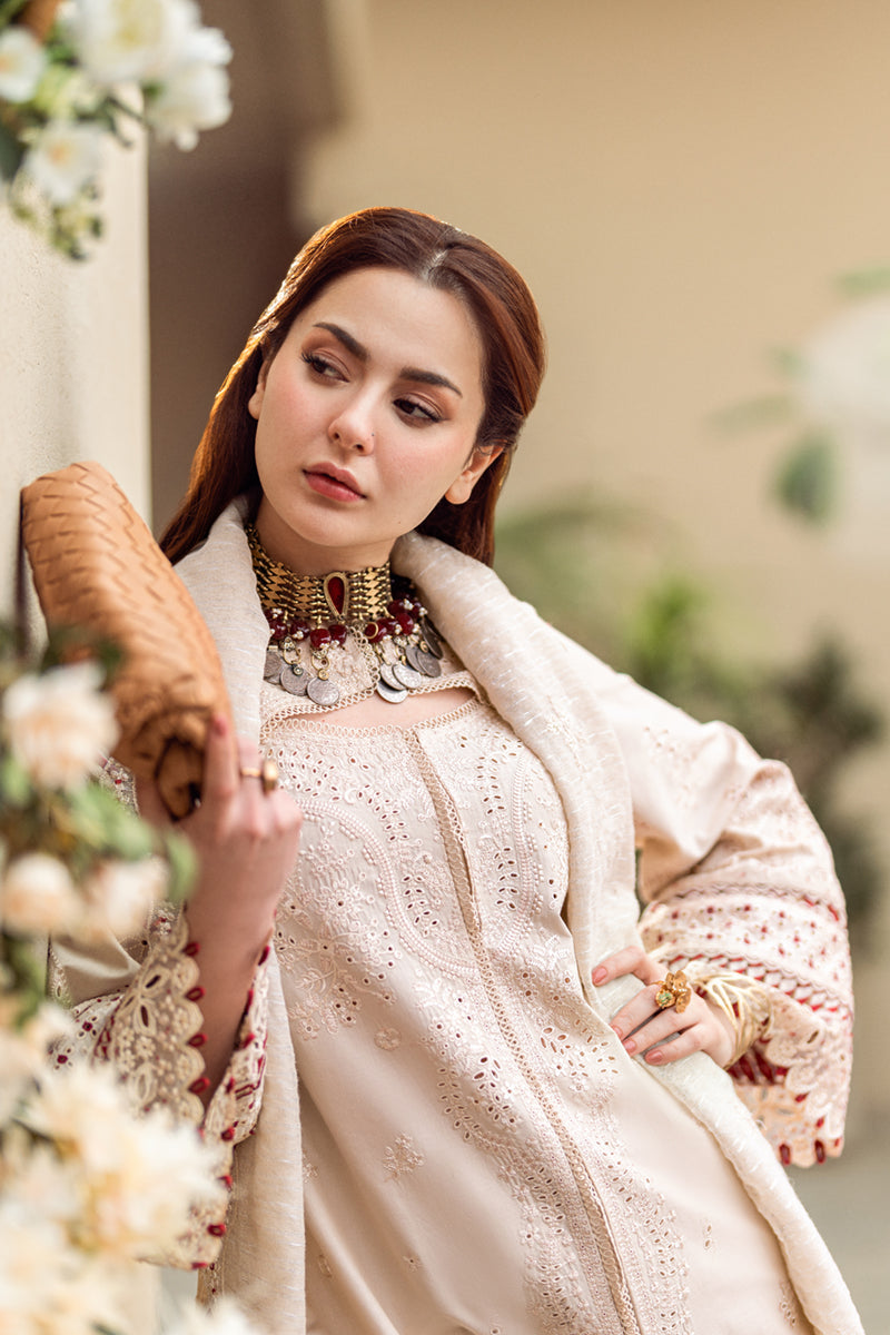 QALAMQAR-3PC CHIKANKAARI LAWN CUTWORK EMBROIDERED SHIRT WITH MANAAR EMBROIDERED CUTWORK DUPATTA AND TROUSER-KUN-3654