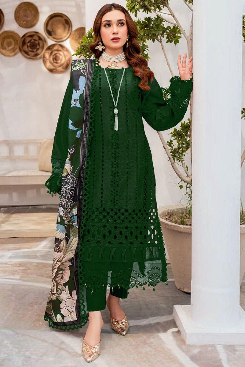 ZAINAB CHOTTANI-3PC CHIKENKARI LAWN EMBROIDERED WITH MONARK PRINT DUPATTA & TROUSER-BIC-4054.MUNGIYA