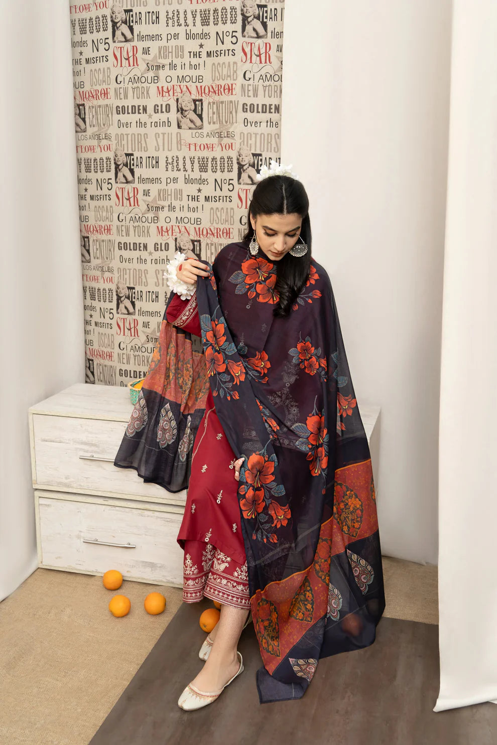 URGE - 3PC LAWN EMBROIDERED SHIRT WITH MONARK PRINTED DUPATTA AND EMB TROUSER-KUN-3582