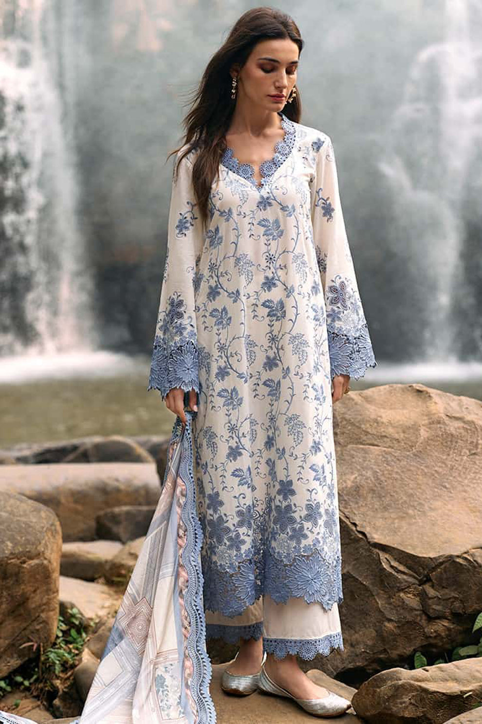 IMAGE-3PC LAWN EMBROIDERED SHIRT WITH MONARK PRINT DUPATTA & LAWN TROUSER-KUN-3597