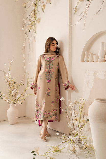 VINTAGE-3PC LAWN EMBROIDERED SHIRT WITH DYE & DYE CHIFFON DUPATTA AND TROUSER-KUN-3637