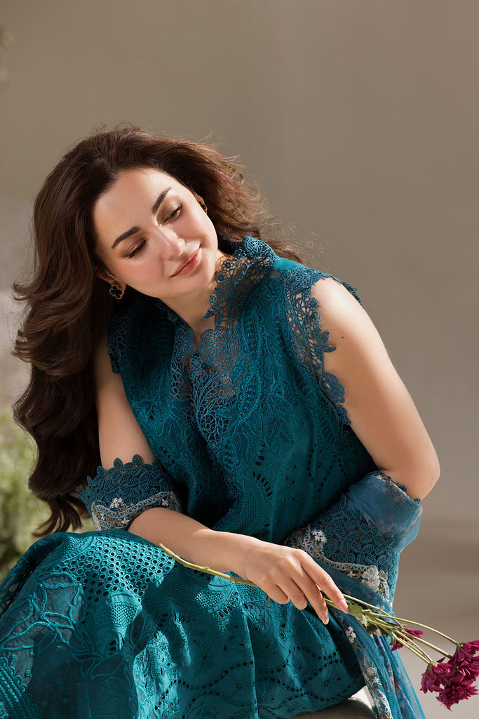 SOBIA NAZIR-3PC LAWN LASERCUT EMBROIDERED SHIRT WITH COTTON NET EMBROIDERED PRINT DUPATTA AND TROUSER KUN-3699