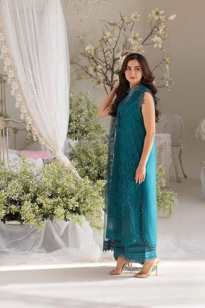 SOBIA NAZIR-3PC LAWN LASERCUT EMBROIDERED SHIRT WITH COTTON NET EMBROIDERED PRINT DUPATTA AND TROUSER KUN-3699