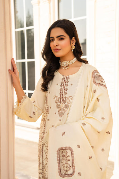 Kun-3PC DHANAK EMBROIDERED SHIRT WITH DHANAK HEAVY CUTWORK EMBROIDERED SHAWL -Kun-1523