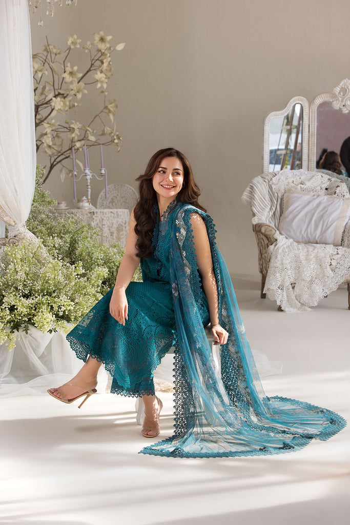 SOBIA NAZIR-3PC LAWN LASERCUT EMBROIDERED SHIRT WITH COTTON NET EMBROIDERED PRINT DUPATTA AND TROUSER KUN-3699