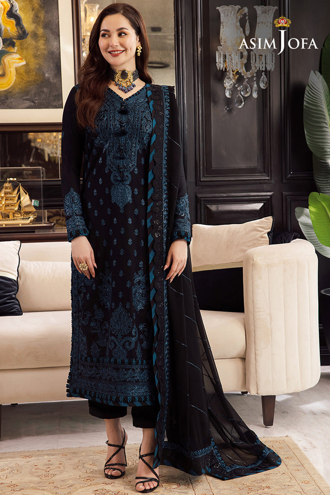 ASIM JOFA- 3PC-LAWN EMBROIDERED SHIRT WITH BAMBER CHIFFON EMBROIDERED DUPATTA & TROUSER-KUN-3591