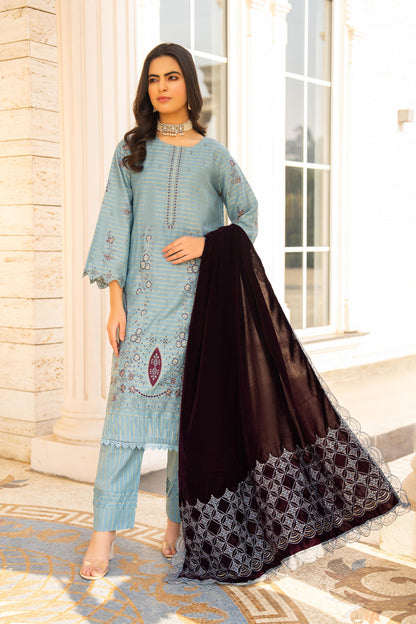 Kun-3PC KHADDAR EMBROIDERED SHIRT WITH VELVET EMBROIDERED READY TO WEAR SHAWL-Kun-1522