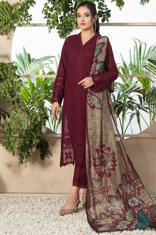 ZAINAB CHOTANI-3PC CHIKENKARI LAWN EMBROIDERED SHIRT WITH MONARK PRINT DUPATTA & TROUSER-KUN-4152 MEHROON