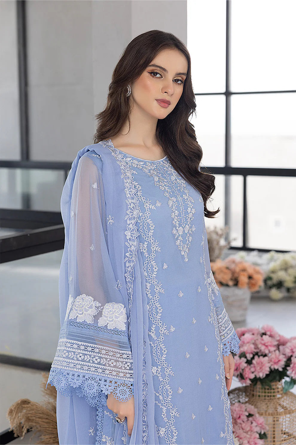 AZURE - 3PC ORGANZA EMBROIDERED LAWN SHIRT WITH ORGANZA EMBROIDERED DUPATTA AND TROUSER-KUN-2618