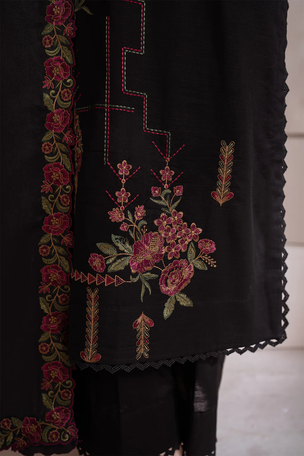 IZNIK-3PC DHANAK EMBROIDERED SHIRT WITH DHANAK EMBROIDERED SHAWL & TROUSER-Kun-3408