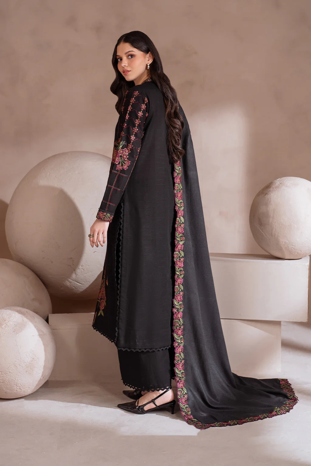 IZNIK-3PC DHANAK EMBROIDERED SHIRT WITH DHANAK EMBROIDERED SHAWL & TROUSER-Kun-3408