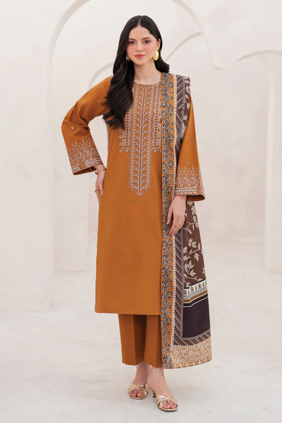 GARNET-3PC LAWN EMBROIDERED SHIRT WITH MONARK PRINT DUPATTA AND TROUSER-KUN-3634